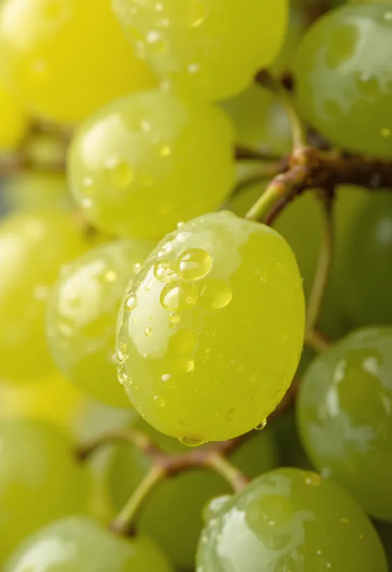 Nahaufnahme der Irsai Olivér Traube, frische und saftige Beeren mit grünlich-gelber Schale