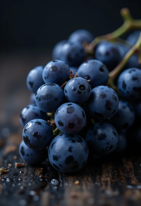 Nahaufnahme der Isabella Traube, frische und saftige Beeren mit tieflila-fast schwarzer Schale