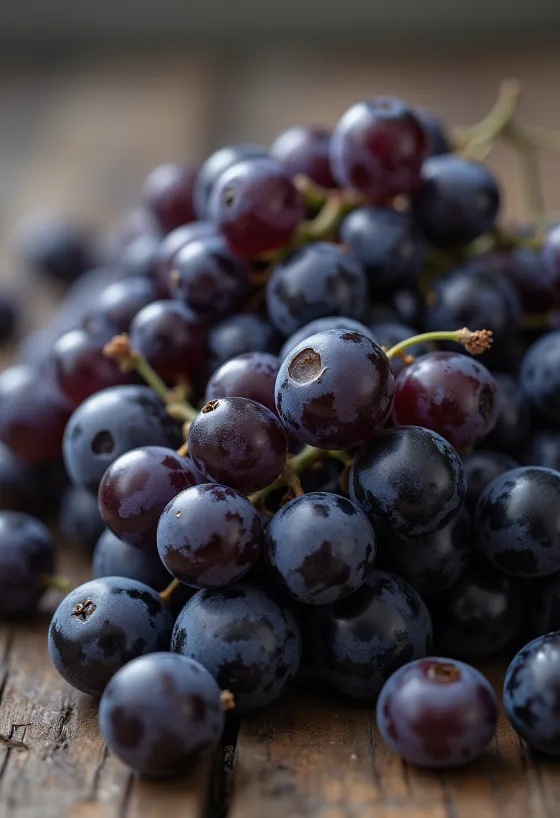 Nahaufnahme von Othello-Trauben, frische und saftige Beeren mit tiefvioletter bis fast schwarzer Schale