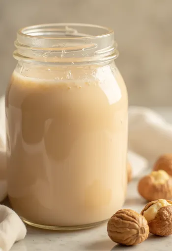 Haselnussmilch ins Glas gegossen, daneben Haselnüsse in Schale und verstreut