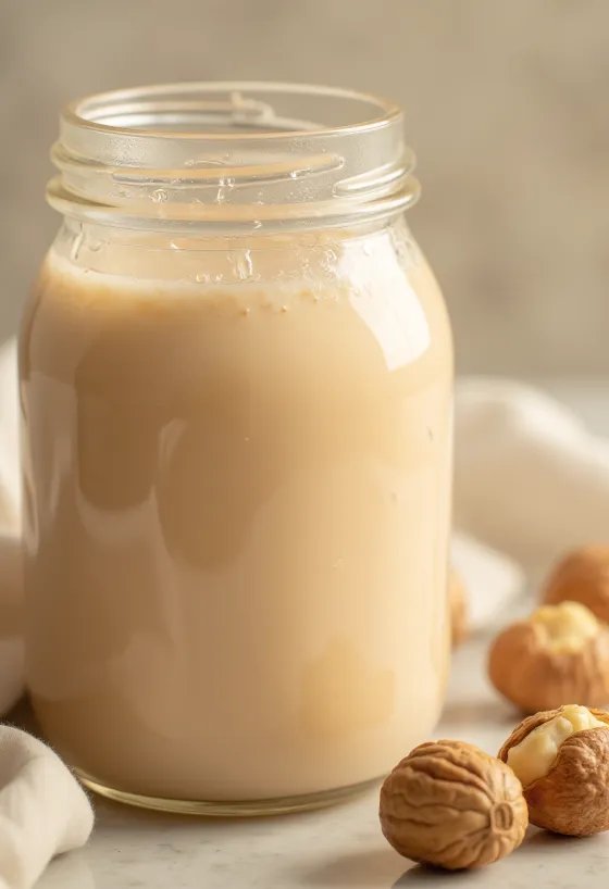 Haselnussmilch ins Glas gegossen, daneben Haselnüsse in Schale und verstreut