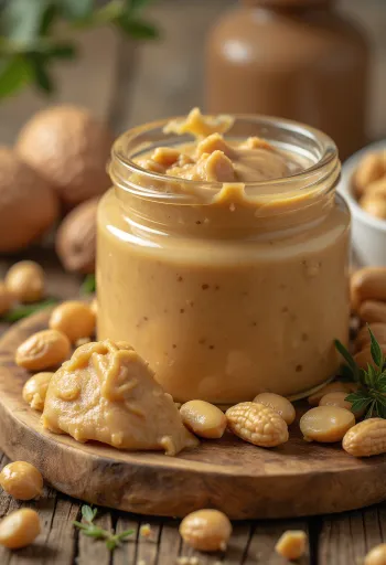 Cremige Erdnussbutter im Glas, daneben Erdnüsse