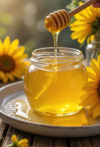 Sonnenblumenhonig im Glas, mit Honiglöffel und Sonnenblumen