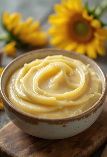 Sonnenblumenkernmus im Glas, daneben geschälte Sonnenblumenkerne auf Holzoberfläche