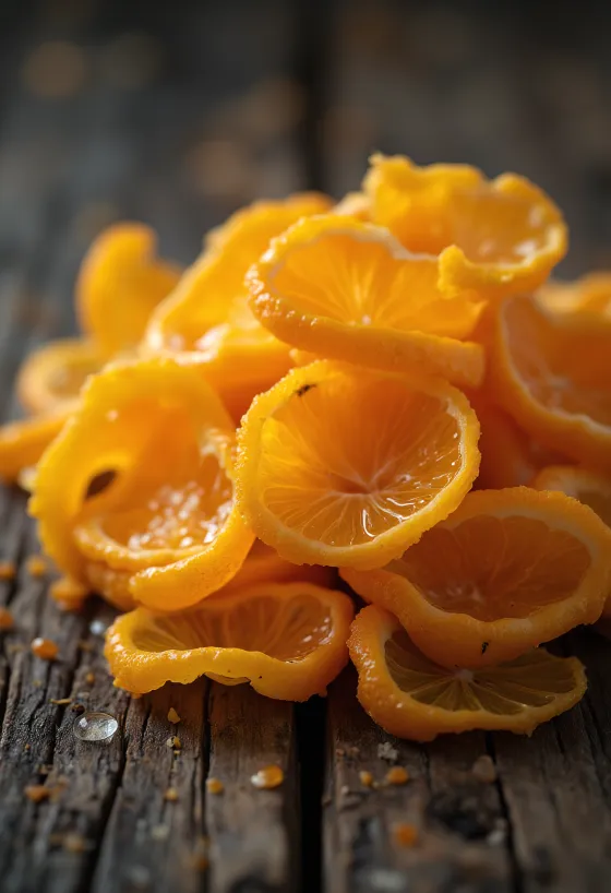 Frische Orangenschale in Streifen in Schale, mit Reibe und Honig