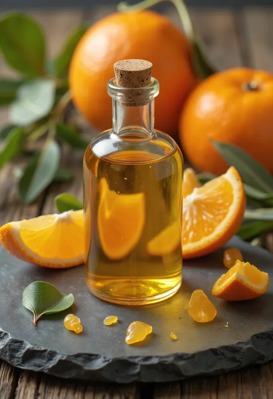 Orangenöl in kleiner Flasche, neben frischen Orangenscheiben und Schale