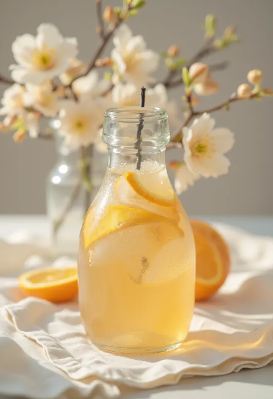 Orangenblütenwasser in Flasche, mit Orangenblüten, Tee und Süßigkeit