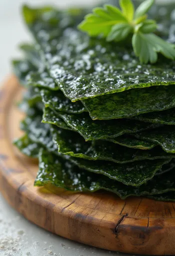 Getrocknete Nori-Algenblätter auf Holzoberfläche, zerkleinerte Nori in Schale