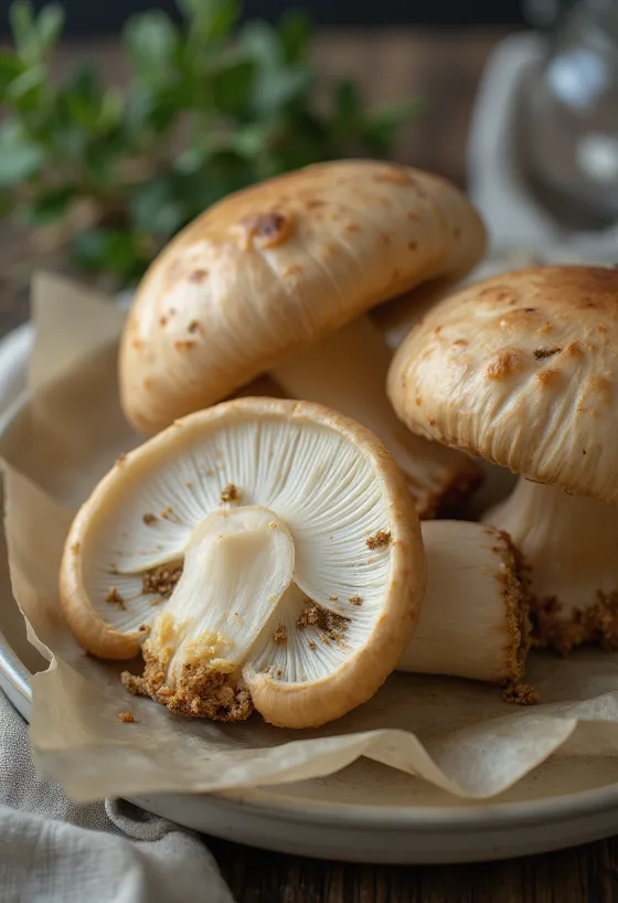 Frisch geschnittener Sommersteinpilz mit Gewürzen und Olivenöl auf Holzbrett