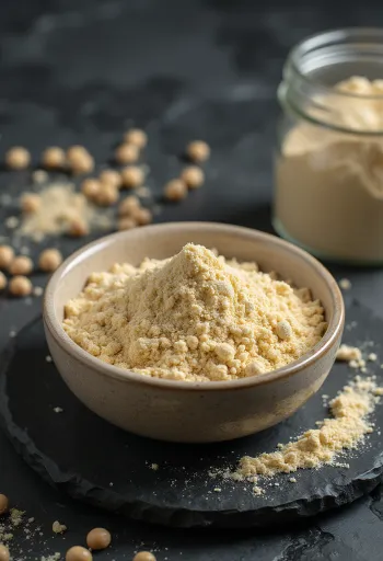 Rohes Erbsenproteinpulver in Form von hellbeigem Pulver, mit Gelberbsen