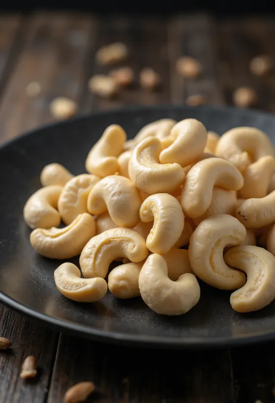 Naturbelassene, geschälte Cashewkerne auf weißem Hintergrund, natürlich arrangiert