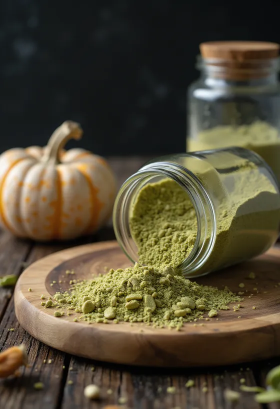 Rohes Kürbiskernproteinpulver als grünliches Pulver, daneben mit Kürbiskernen