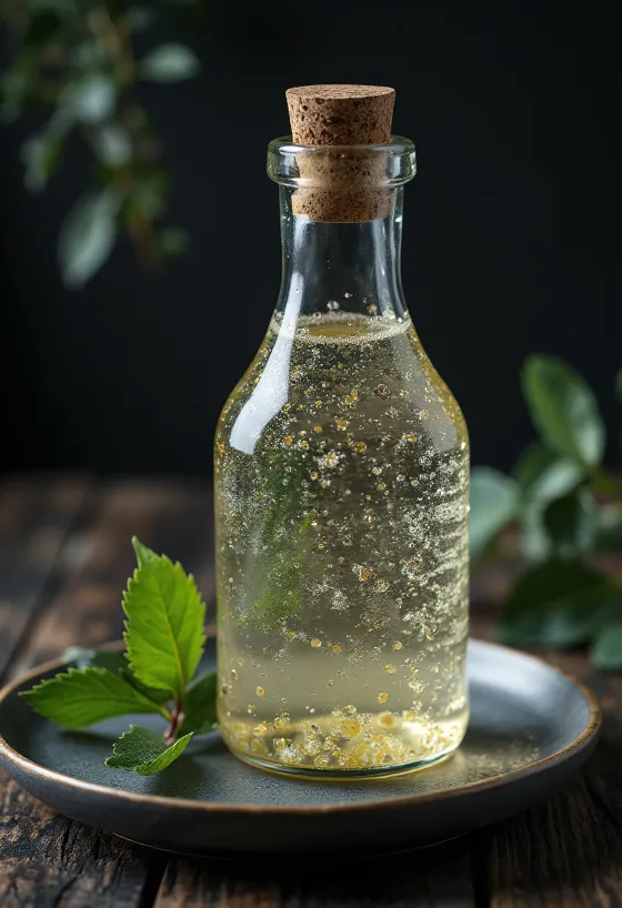 Birkenwasser in Glasflasche und Glas, mit Birkenrinde und Zweigen