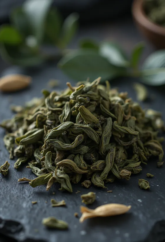 Oolong-Tee in loser Form, in Schale und ausgestreut auf Küchenoberfläche
