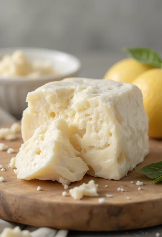 Krümeliger Orda-Käse auf Holzteller, hell, natürliches Licht