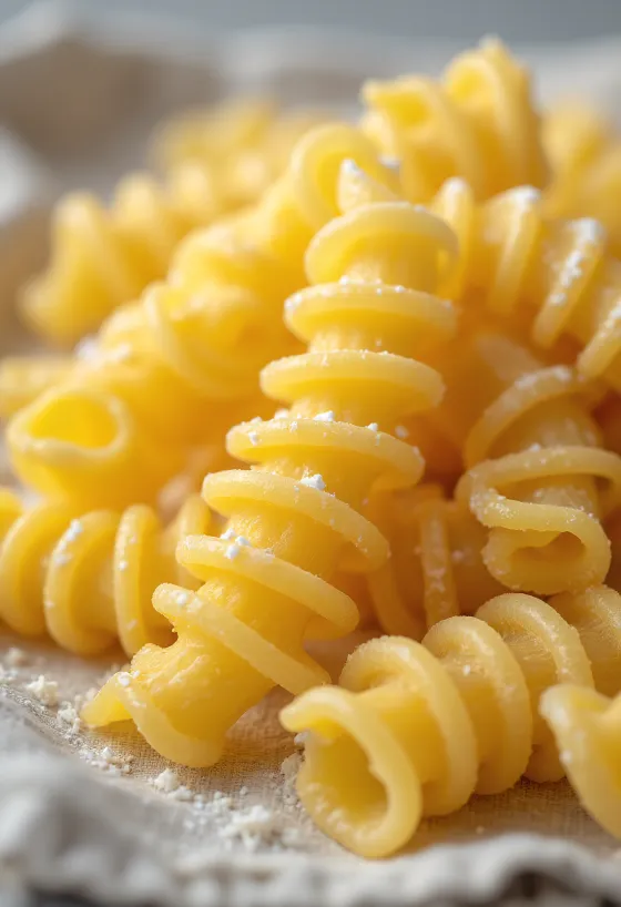 Trockene Fusilli-Nudeln spiralförmig auf Holzoberfläche verstreut