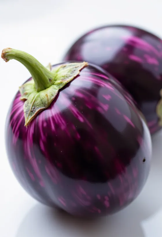 Halbierte Aubergine mit hellem Inneren und glänzender lila Schale