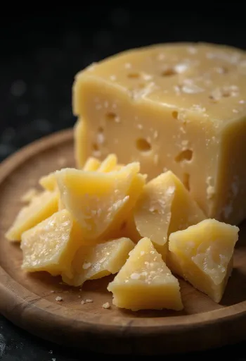 Geschnittener und geriebener Parmesan auf Holzschneidebrett