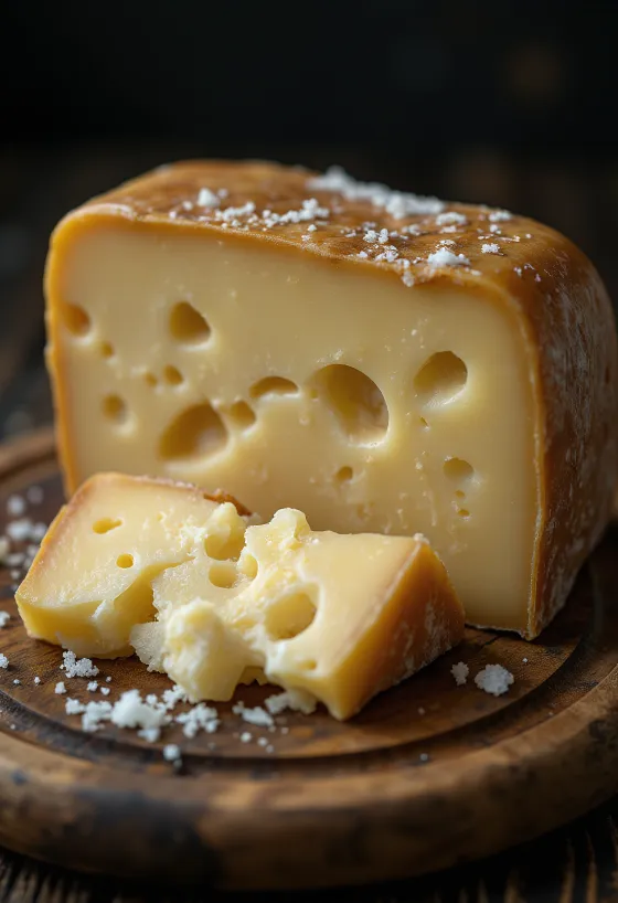 Frischer Parmigiano Reggiano Käse in weißer Keramikschale auf Holztisch