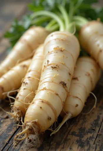 Frische Pastinaken mit grünem Kraut, teilweise geschnitten auf Schneidebrett