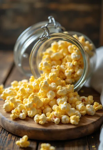 Trockener Popcorn-Mais auf hölzerner Küchenoberfläche ausgebreitet