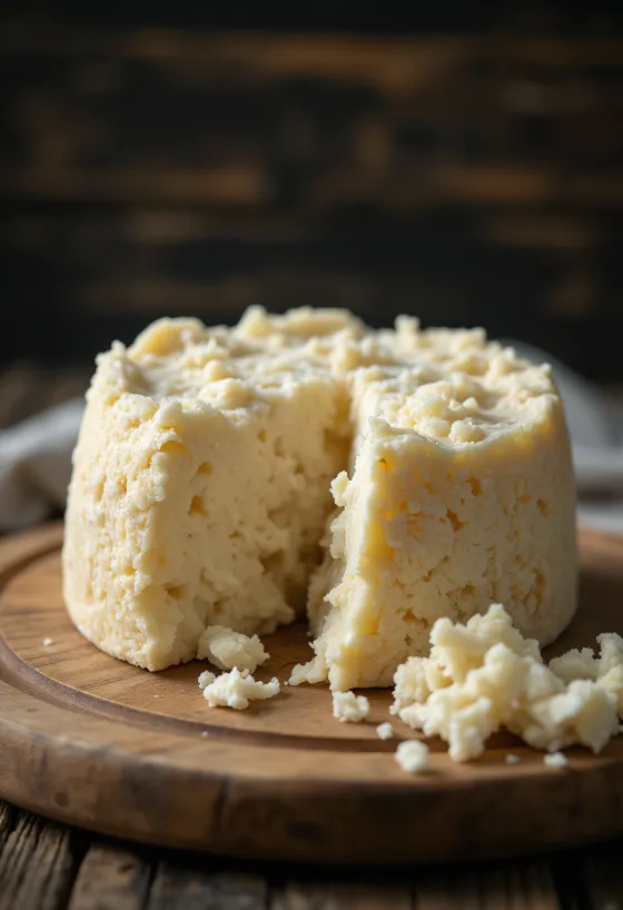 Frischer Pecorino Schafkäse in weißer Keramikschale auf Holztisch