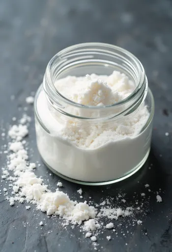 Pektinpulver in kleiner Schale mit Holzlöffel vor hellem, neutralem Hintergrund