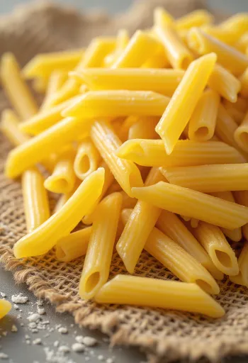 Trockene Penne-Nudeln mit geriffelter Oberfläche auf Holzhintergrund