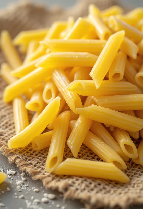Trockene Penne-Nudeln mit geriffelter Oberfläche auf Holzhintergrund
