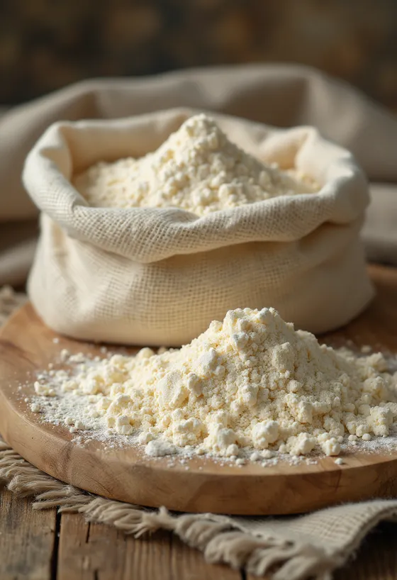 Kochbananenmehl in einer Schale, mit Löffel, grüner Kochbanane und Scheiben
