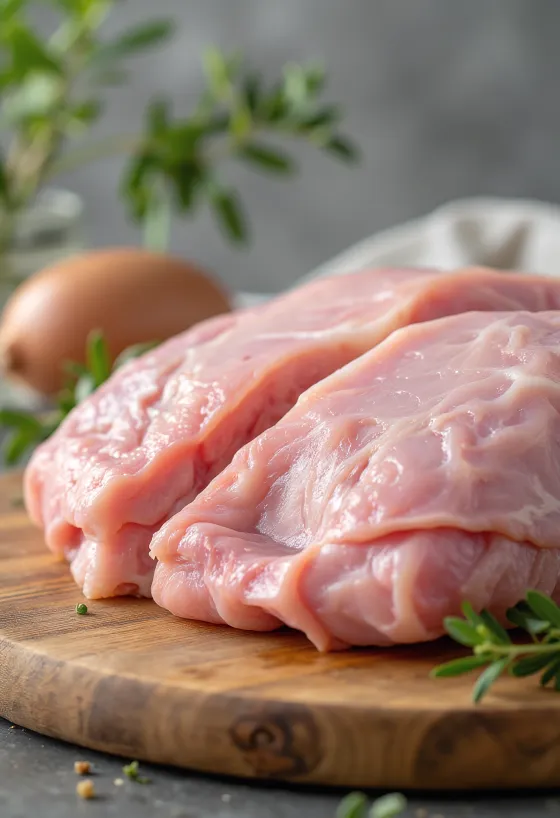 Frische Putenfleischstücke mit Gewürzen und Knoblauch auf einem Holzschneidebrett