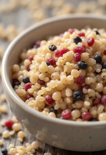 Rohe Quinoa-Mischung in Keramikschale auf Holzoberfläche
