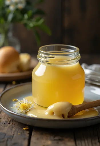 Cremiger Rapshonig im Glas mit Honiglöffel