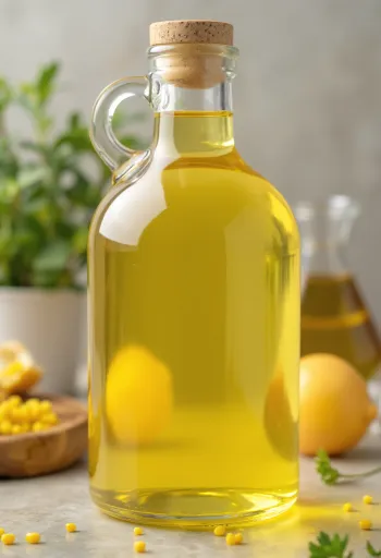 Rapsöl in Glasflasche und Schälchen vor hellem Hintergrund