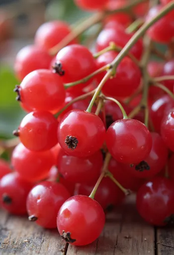 Frische rote Johannisbeerrispen in Schale und auf dem Tisch, mit hausgemachter Johannisbeermarmelade