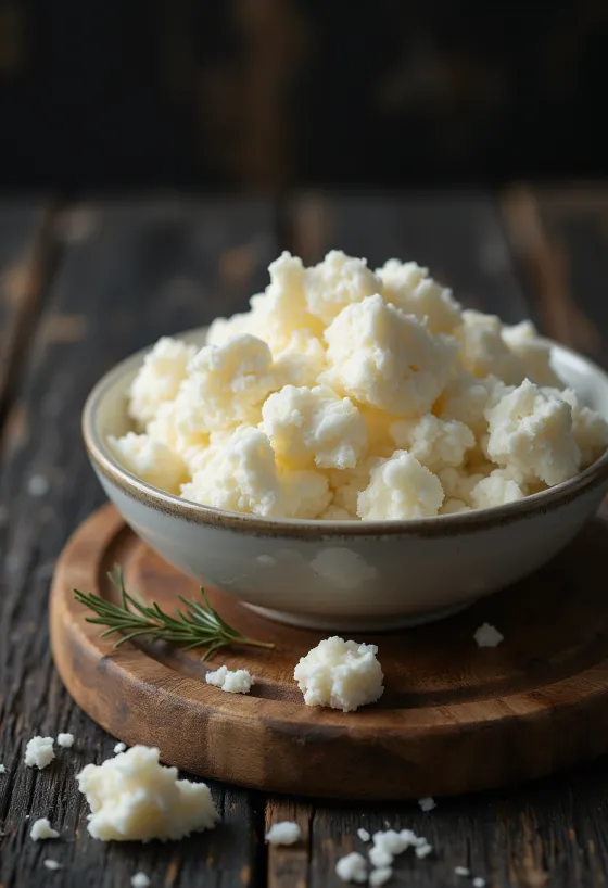 Frischer Ricotta-Käse in einer weißen Keramikschale auf einem Holztisch