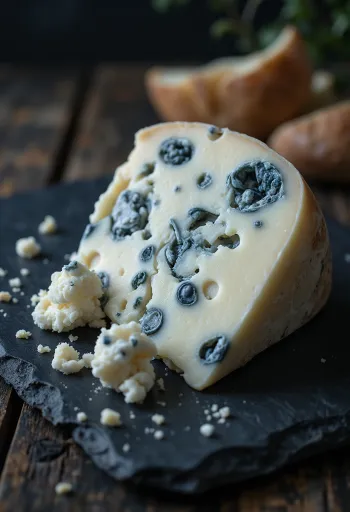 Frischer Roquefort Blauschimmelkäse in weißer Keramikschale auf Holztisch