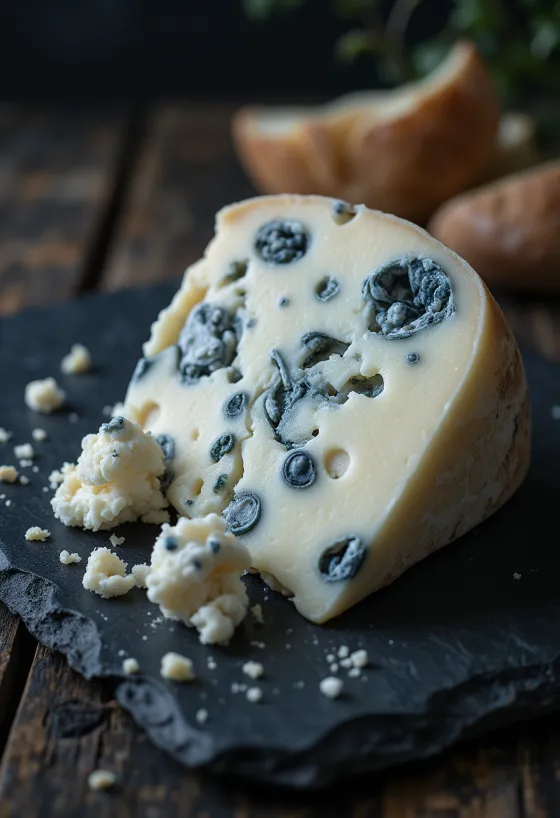 Frischer Roquefort Blauschimmelkäse in weißer Keramikschale auf Holztisch