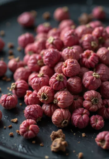 Ganze Rosa Beeren in einer Holzschale und verstreut auf einer Küchenoberfläche