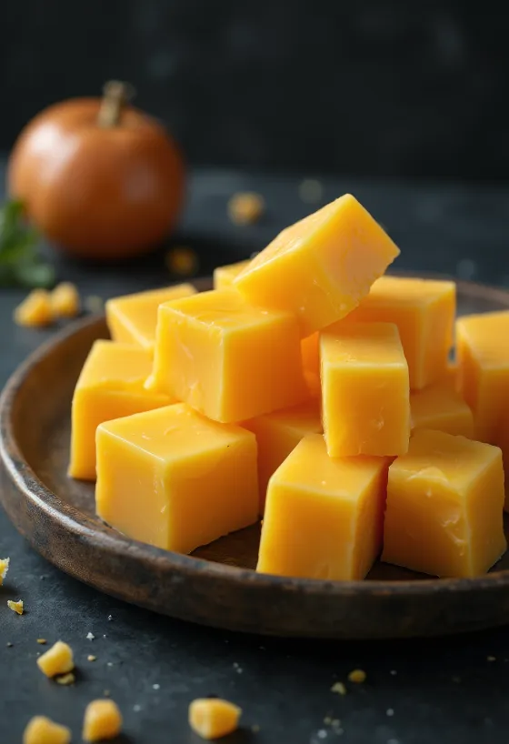 Roter Cheddar in einer weißen Keramikschale auf einem Holztisch