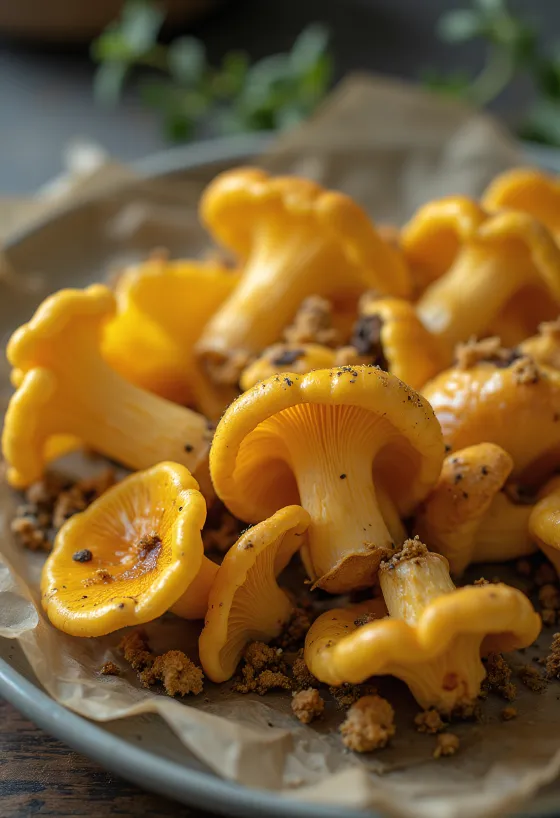 Frisch geschnittener Pfifferling mit Gewürzen, Knoblauch und Olivenöl auf Holzbrett