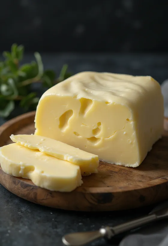 Butter aus gesäuertem Rahm in kleinem Gefäß, daneben getropfter kultivierter Rahm