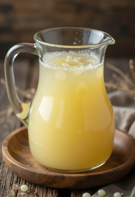 Sauermolke in einer Glasschale auf einer rustikalen Küchenoberfläche