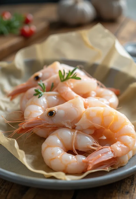 Frisches Scampi-Fleisch (Norwegischer Hummer) auf Eis mit Zitrone und Petersilie