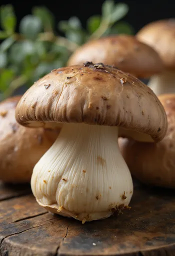 Frische Shiitake-Pilze auf Bambusschneidebrett mit Sojasoße und Ingwer