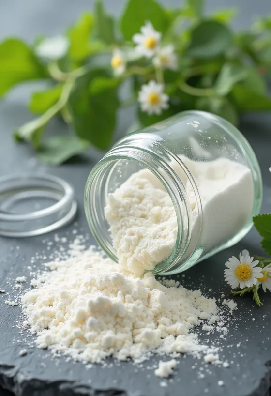 Stevia-Süßungsmittel in Pulverform in kleiner Schale mit Holzlöffel