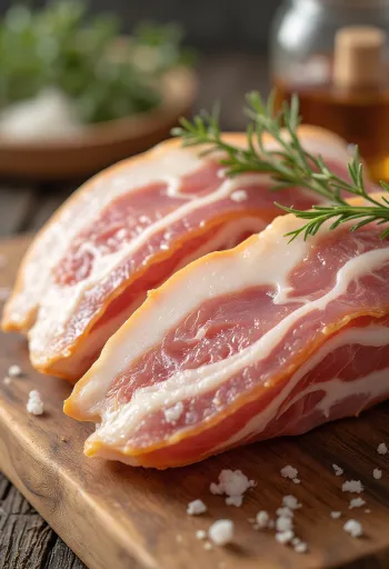Geschnittener roher Speck auf einem Holzschneidebrett, mit gut sichtbaren Fett- und Fleischschichten