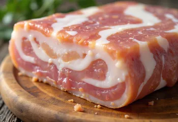 Geschnittener roher Speck auf einem Holzschneidebrett, mit gut sichtbaren Fett- und Fleischschichten
