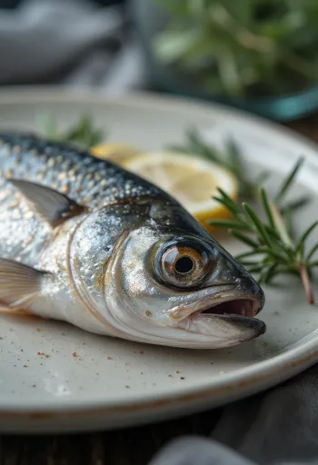 Frische Sardinen mit Zitrone, Salz und Petersilie auf Holzschneidebrett