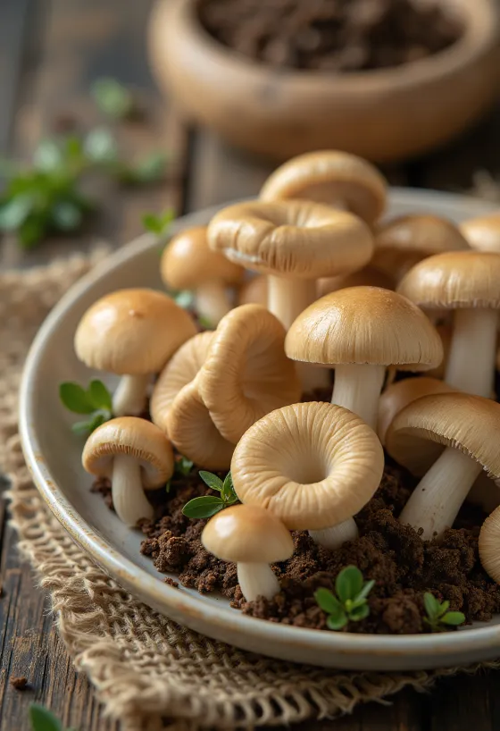 Geschnittener Nelkenschwindling mit frischen Kräutern und Knoblauch auf Holzbrett